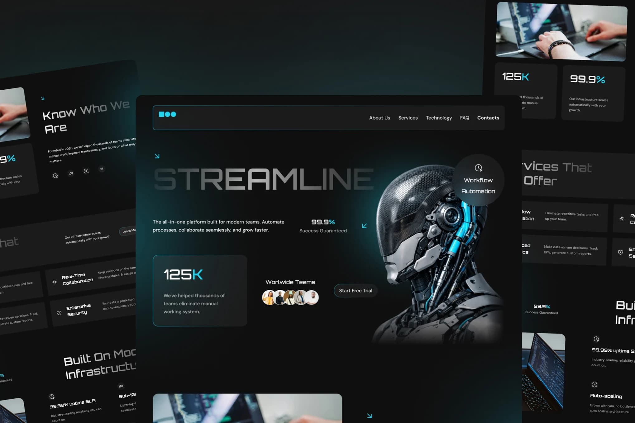 Dark technology website design featuring a futuristic robotic interface